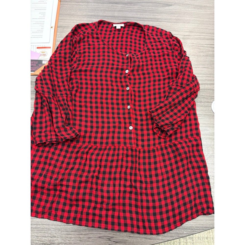 J. Jill Women's Large Red Black Buffalo Plaid Tunic Top 3/4 Sleeve Button Front